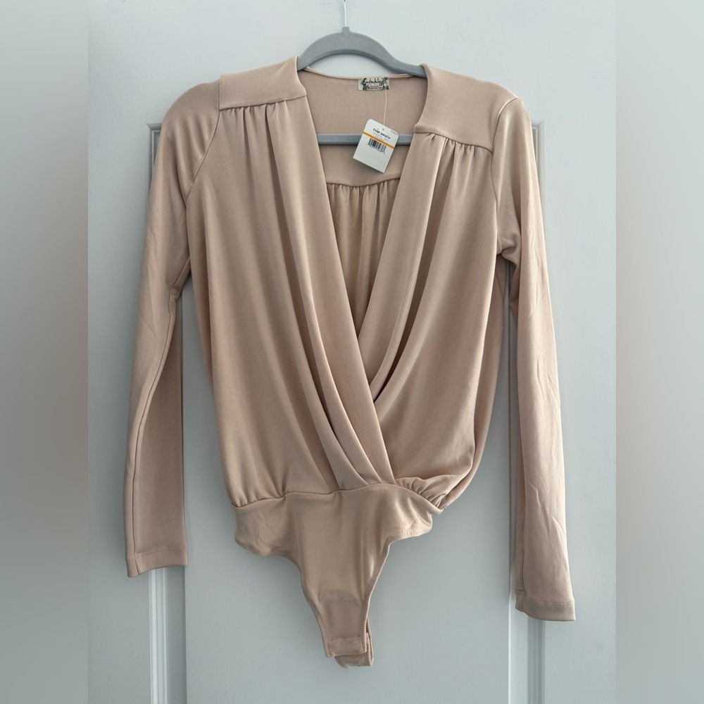 Free People Pink Pearl Wrap-Front Long Sleeve Bodysuit